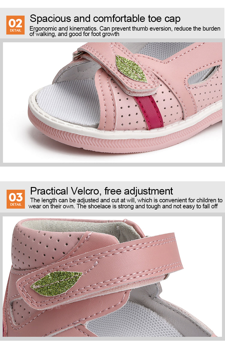 Children Orthopedic Shoes for Girls Summer Kids Leather Open Toe Sandals with Ankle Support Pink Low Top Hollow with Leaf Design