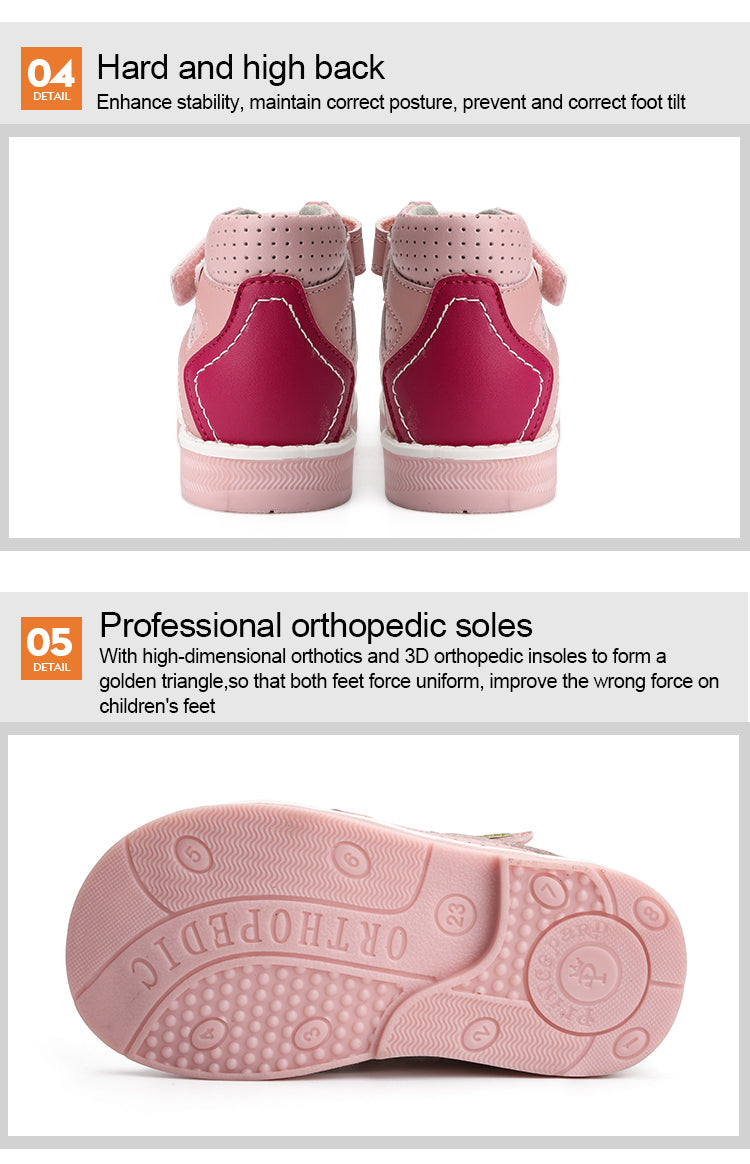 Children Orthopedic Shoes for Girls Summer Kids Leather Open Toe Sandals with Ankle Support Pink Low Top Hollow with Leaf Design