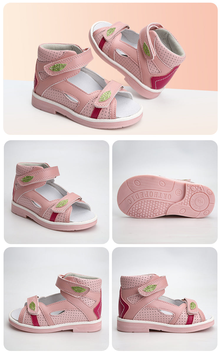Children Orthopedic Shoes for Girls Summer Kids Leather Open Toe Sandals with Ankle Support Pink Low Top Hollow with Leaf Design