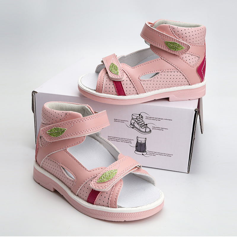Children Orthopedic Shoes for Girls Summer Kids Leather Open Toe Sandals with Ankle Support Pink Low Top Hollow with Leaf Design