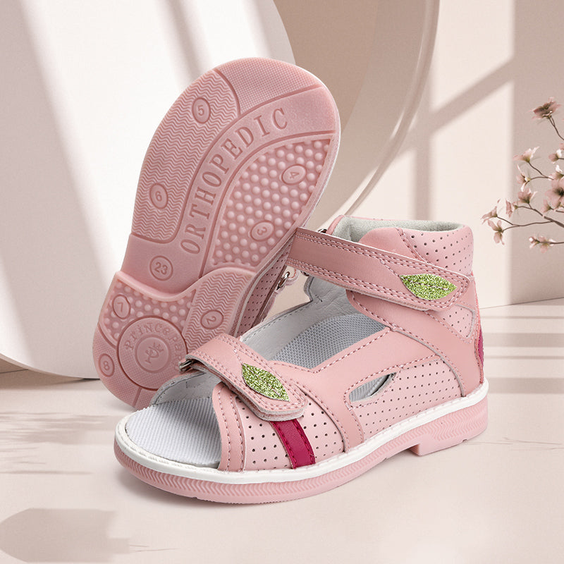 Children Orthopedic Shoes for Girls Summer Kids Leather Open Toe Sandals with Ankle Support Pink Low Top Hollow with Leaf Design