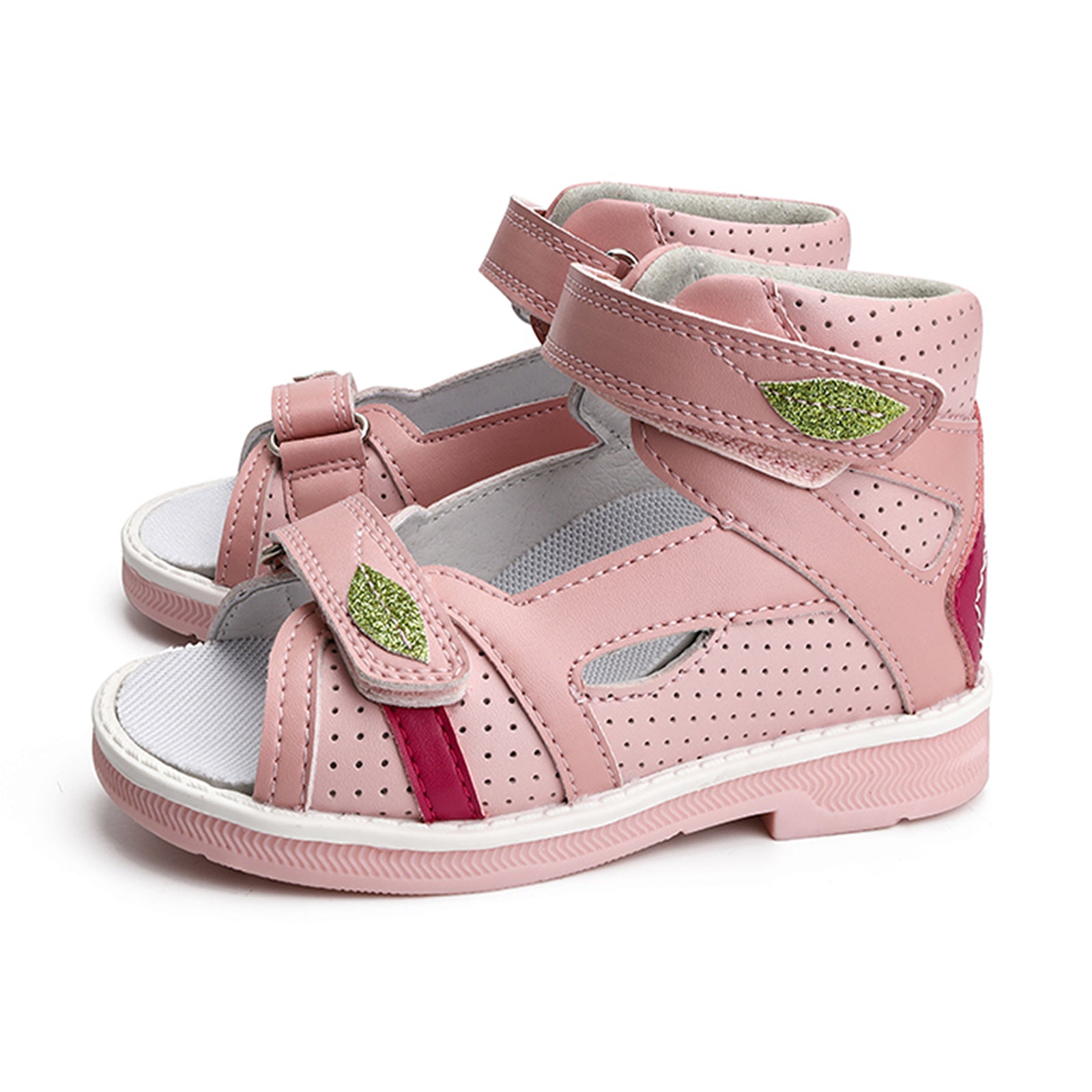 Children Orthopedic Shoes for Girls Summer Kids Leather Open Toe Sandals with Ankle Support Pink Low Top Hollow with Leaf Design