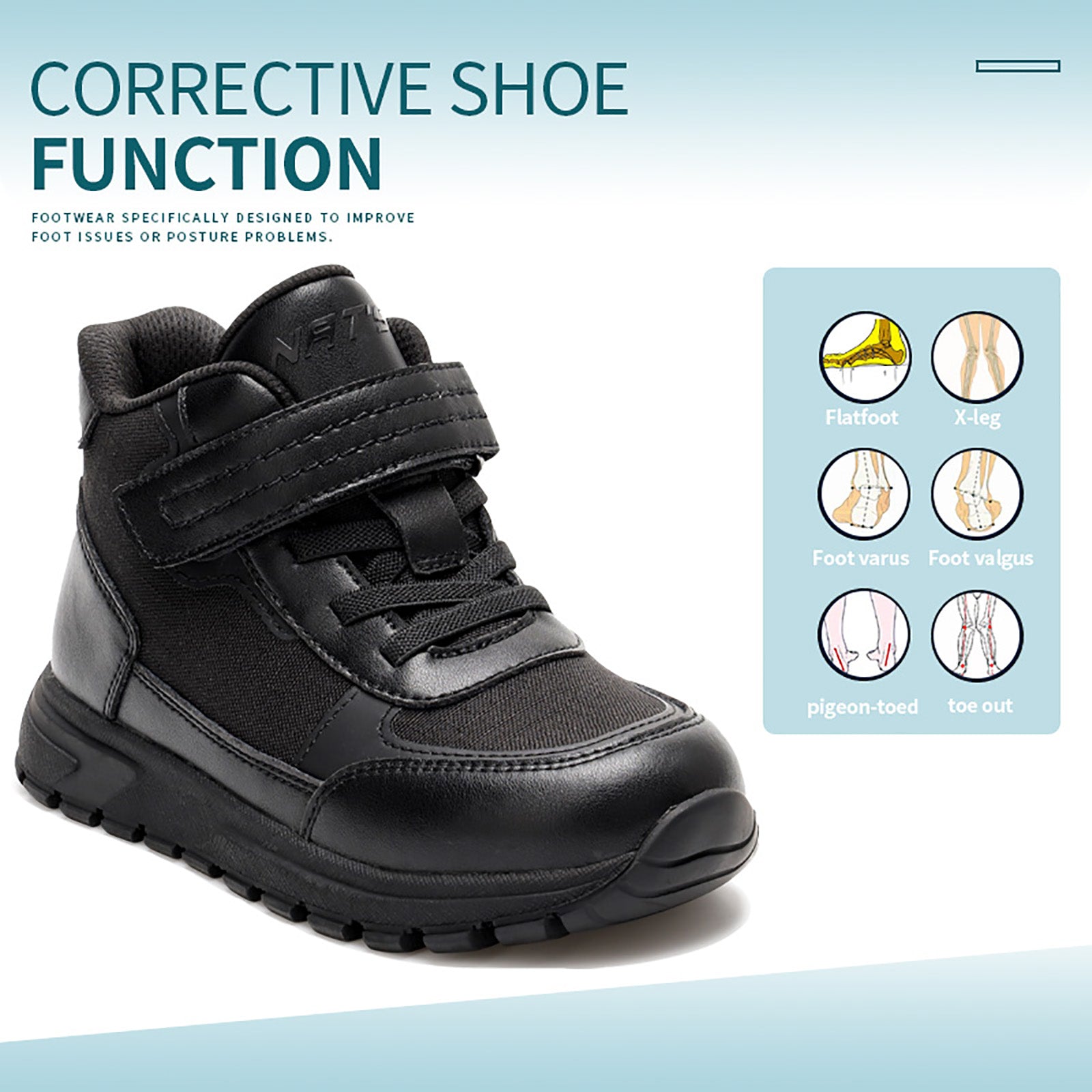 Princepard Orthopedic Sneakers for Kids & Toddlers High Top Black School Shoes with Arch And Ankle Support Corrective Casual