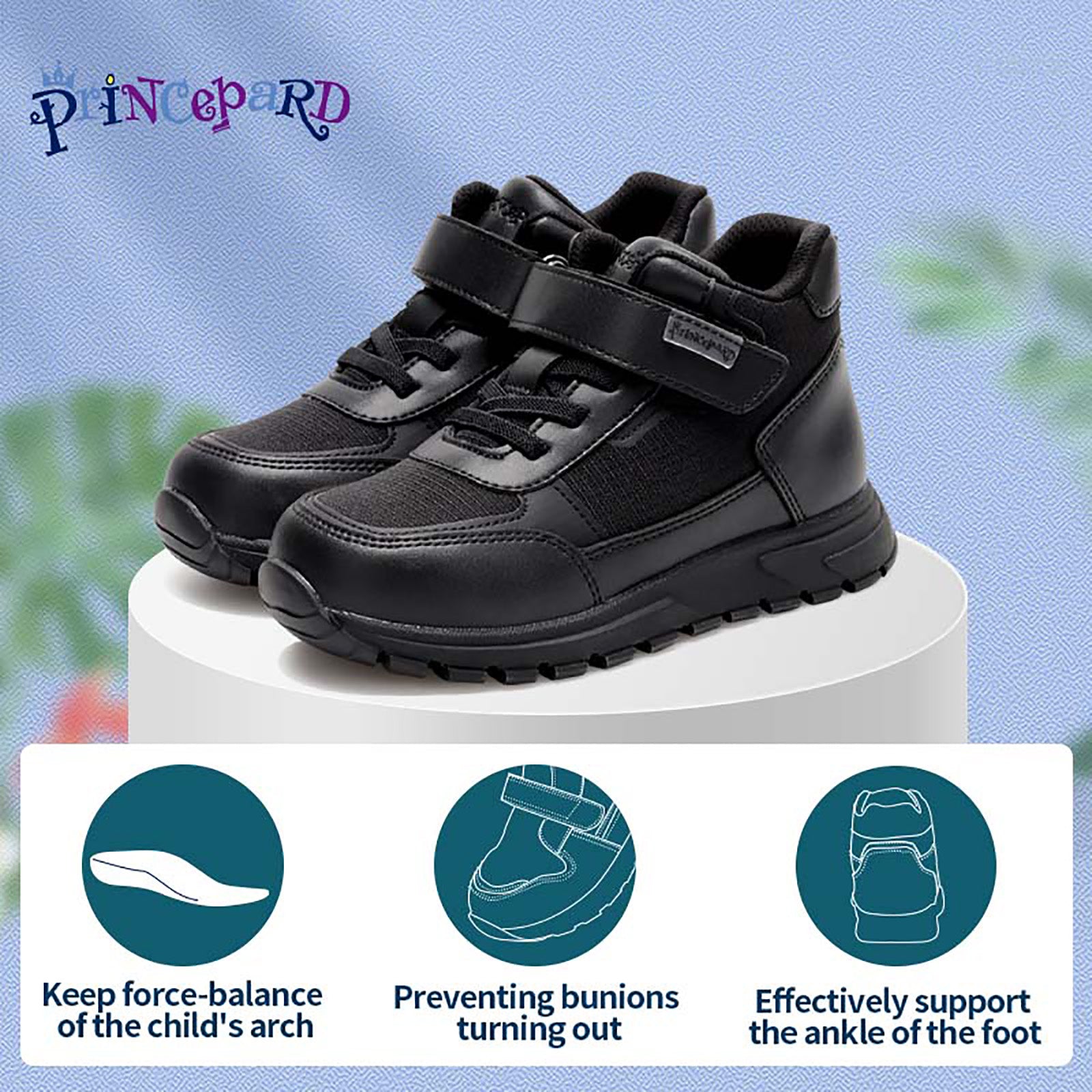 Princepard Orthopedic Sneakers for Kids & Toddlers High Top Black School Shoes with Arch And Ankle Support Corrective Casual