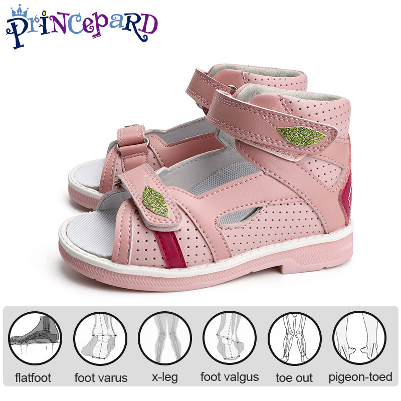 Children Orthopedic Shoes for Girls Summer Kids Leather Open Toe Sandals with Ankle Support Pink Low Top Hollow with Leaf Design
