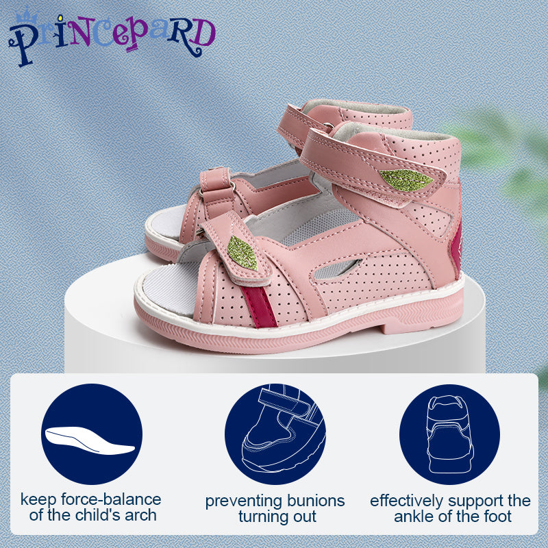 Children Orthopedic Shoes for Girls Summer Kids Leather Open Toe Sandals with Ankle Support Pink Low Top Hollow with Leaf Design