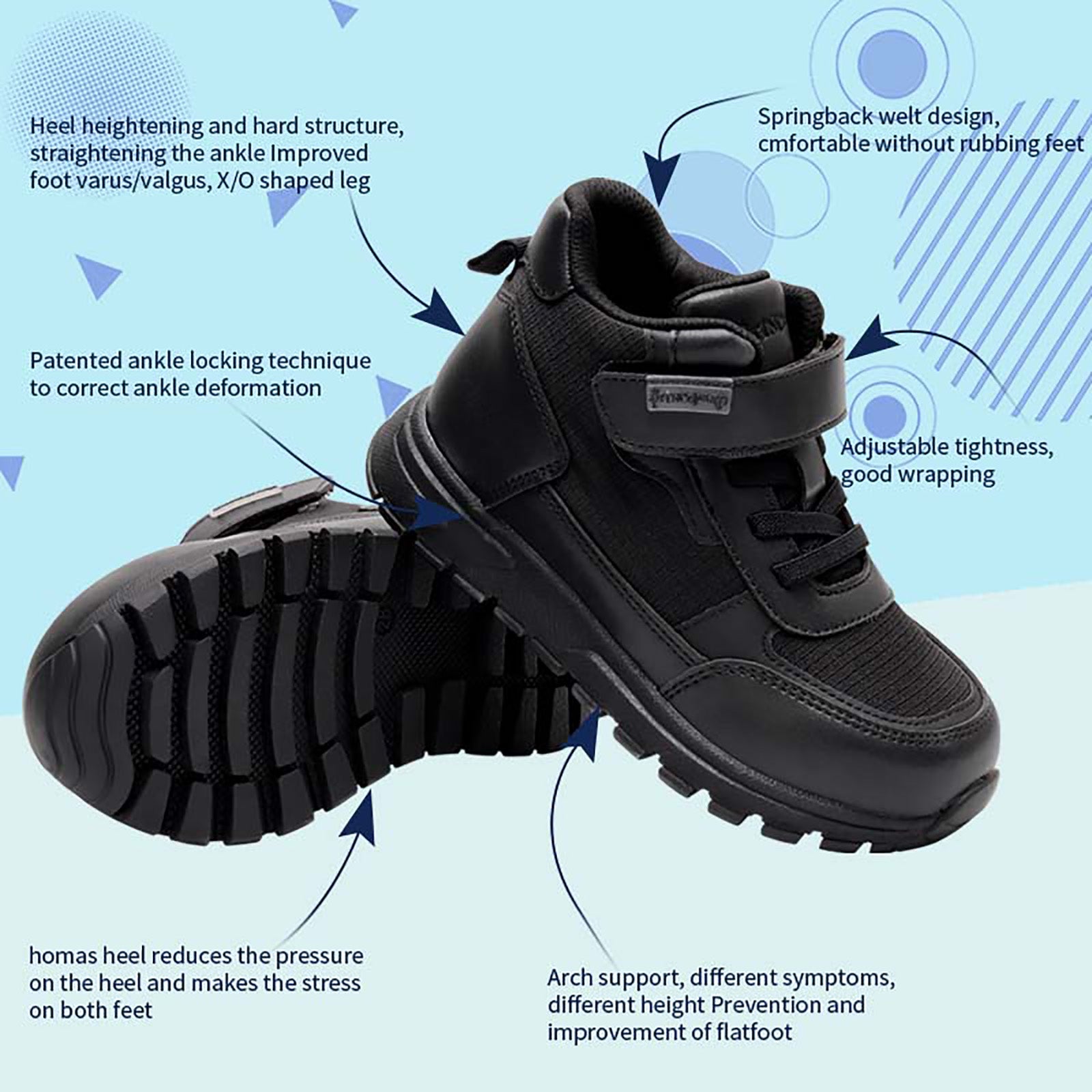 Princepard Orthopedic Sneakers for Kids & Toddlers High Top Black School Shoes with Arch And Ankle Support Corrective Casual