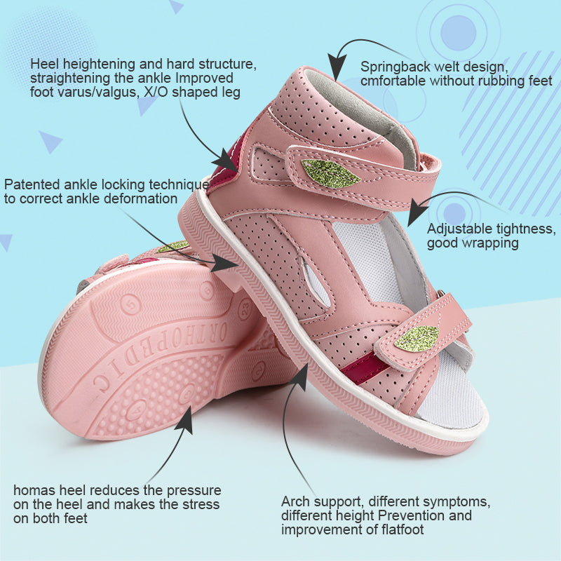Children Orthopedic Shoes for Girls Summer Kids Leather Open Toe Sandals with Ankle Support Pink Low Top Hollow with Leaf Design