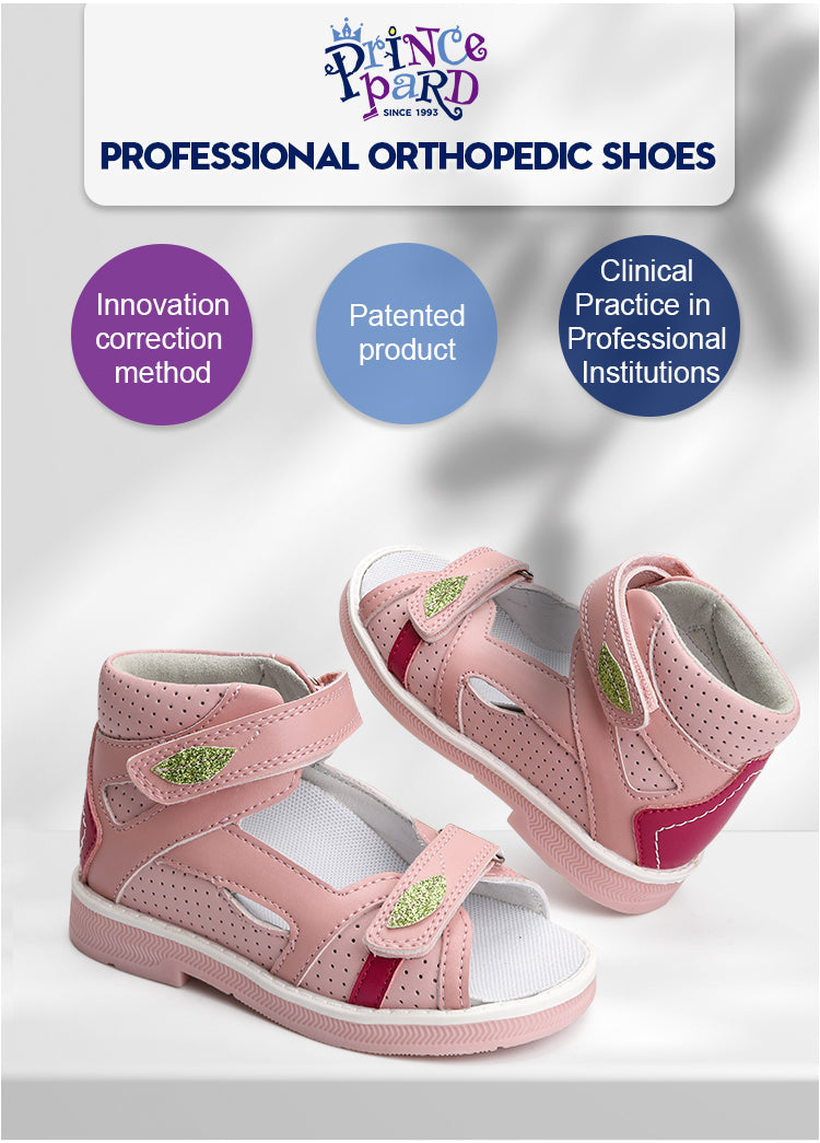 Children Orthopedic Shoes for Girls Summer Kids Leather Open Toe Sandals with Ankle Support Pink Low Top Hollow with Leaf Design