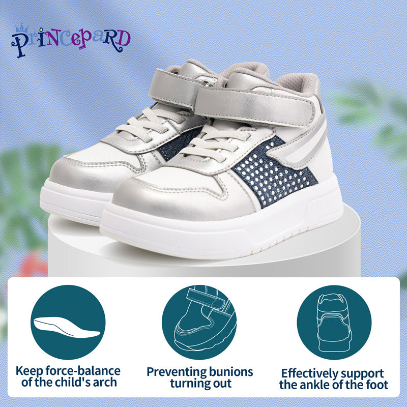 Boys Girl's Sneakers Princepard Kids Orthopedic Shoes Autumn Silvery High and Hard Back Corrective Casual Shoes Arch Support